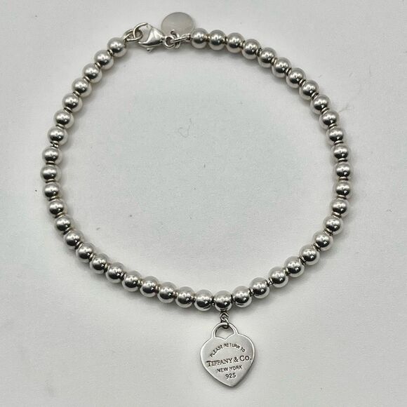 Tiffany & Co. Sterling Silver Return To Blue Enamel Heart Tag Bracelet 6.8” - Picture 12 of 14